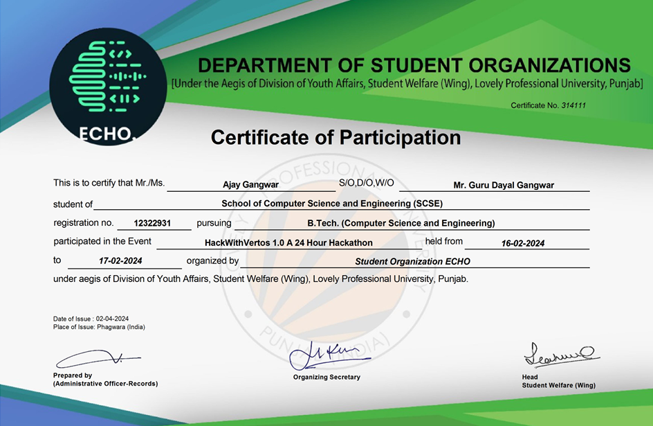 HackWithVertos 1.0 Certificate of Participation