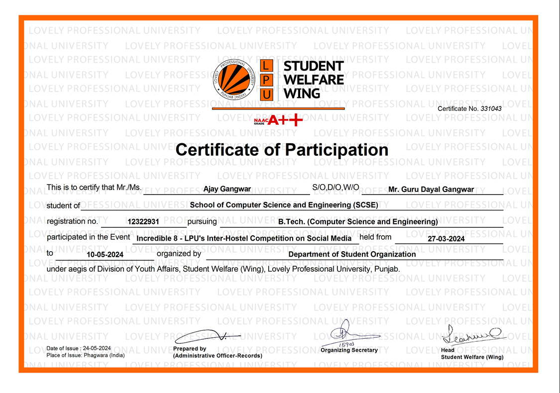 Hostel Committee Certificate
